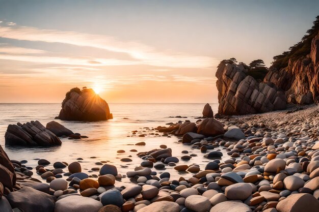 una playa con rocas y una puesta de sol en el fondo