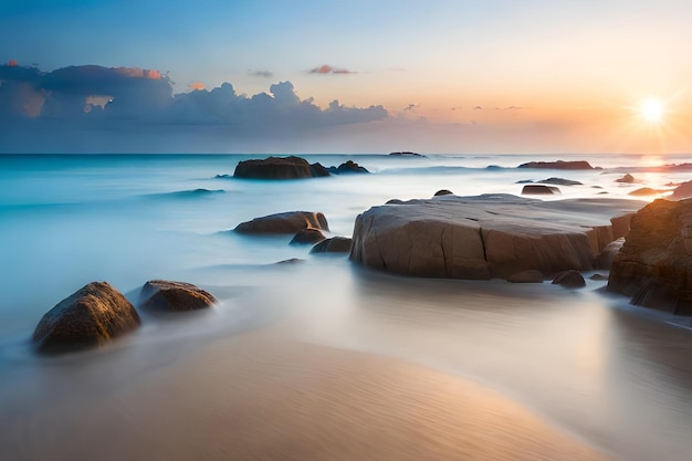 Una playa con rocas y la puesta de sol de fondo