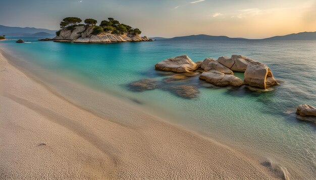 Foto una playa con rocas y una puesta de sol en el fondo