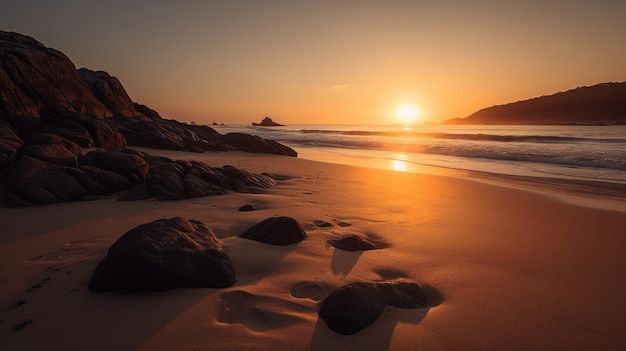 Una playa con rocas y la puesta de sol sobre el océano.