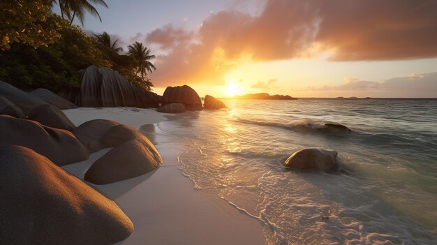 Una playa con rocas y la puesta de sol.