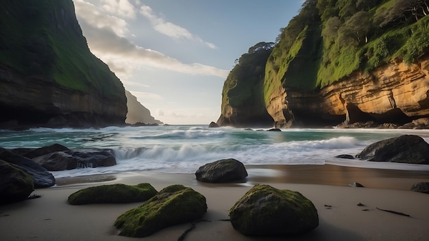 Foto una playa con rocas y una roca en el agua