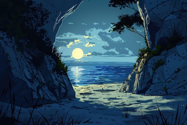 La playa de Rocky Cove por la noche con la luna brillante y el mar tranquilo
