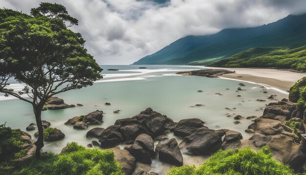 una playa rocosa con un lago y montañas en el fondo