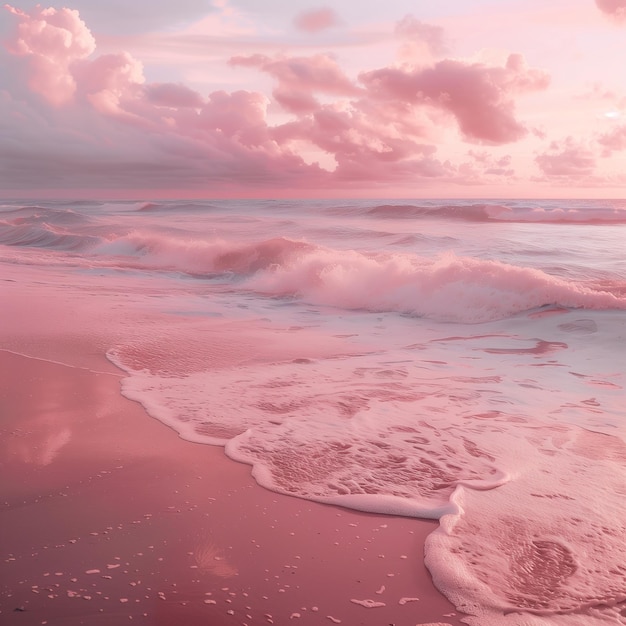 una playa rosa y blanca con el océano en el fondo