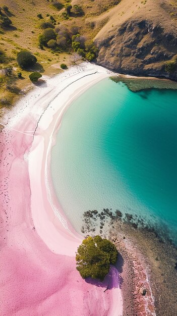 Foto playa rosa tropical con las islas de komodo del océano