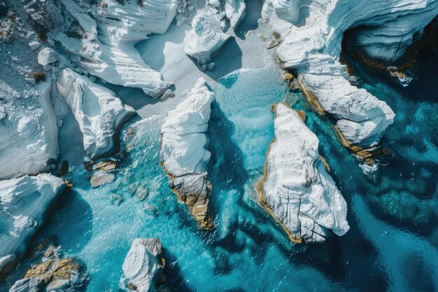 Foto playa de sarakiniko isla de milos vista aérea de las impresionantes formaciones rocosas blancas rodeadas de azul