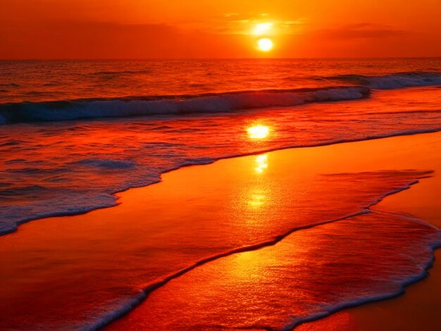 Una playa serena al atardecer con tonos dorado-naranja coloreando el cielo y olas tranquilas descarga de imagen