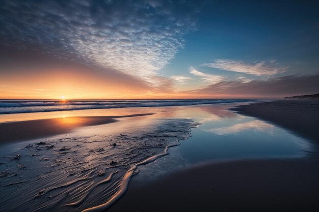 Una playa serena del océano al amanecer con algunas nubes tenues en el cielo