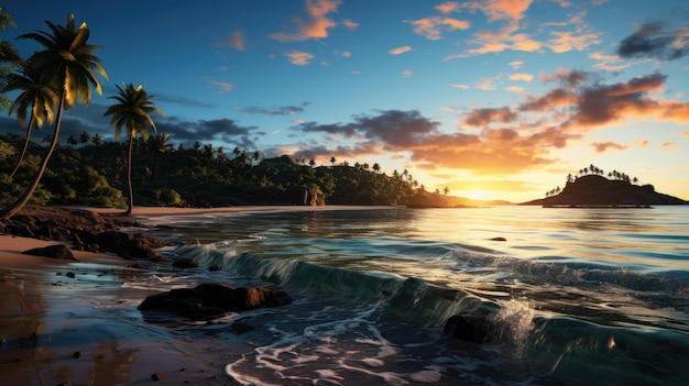 Playa de las Seychelles al anochecer hecha usando herramientas de IA generativas