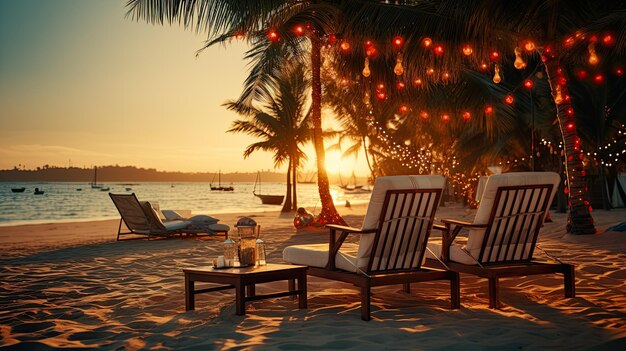 Playa soleada con decoraciones navideñas Vacaciones en un país cálido en invierno Vacaciones y viajes