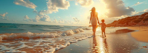 En una playa soleada una madre y un hijo felices están volando una cometa