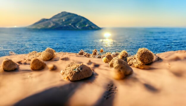 Playa soleada con mar de arena y montañas en el fondo Ilustración 3D de descanso marino