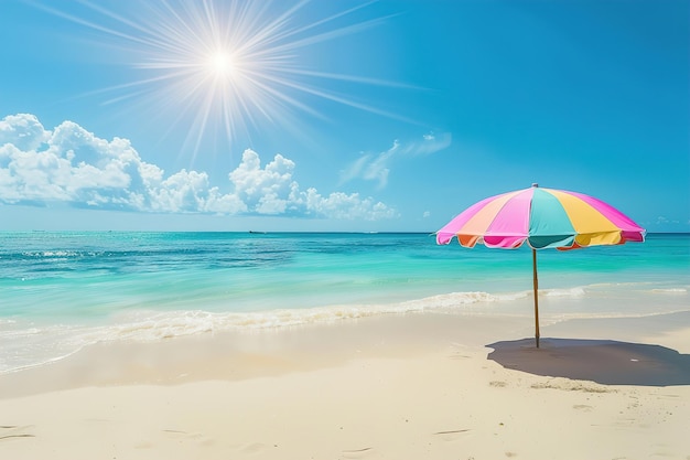 Playa soleada con paraguas y agua con gas