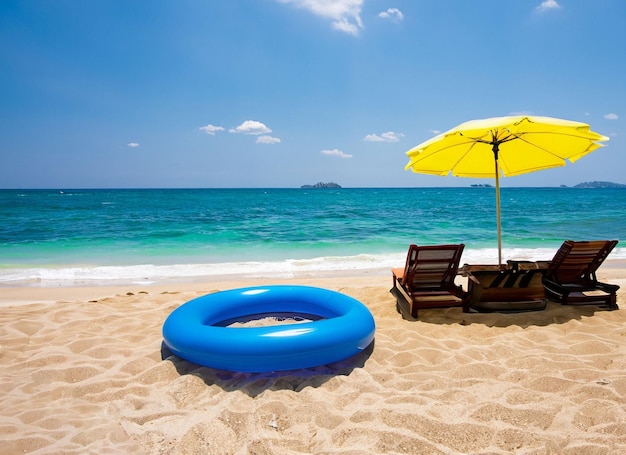 Una playa con una sombrilla amarilla y una sombrilla azul.