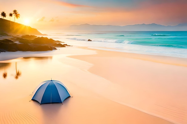 Una playa con una sombrilla azul y la puesta de sol detrás de ella.