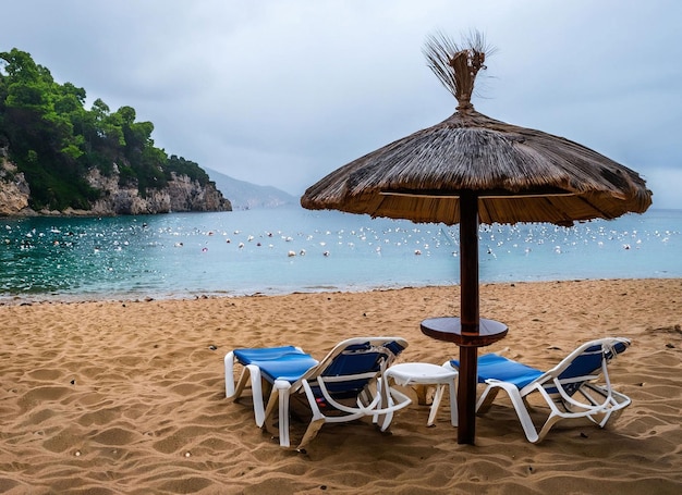 Una playa con una sombrilla y una mesa con sillas.