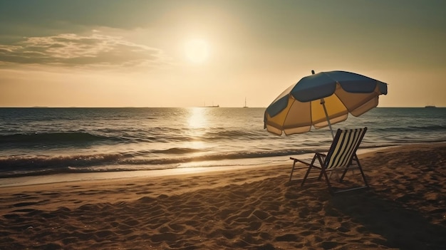 Una playa con una sombrilla y sillas en ella