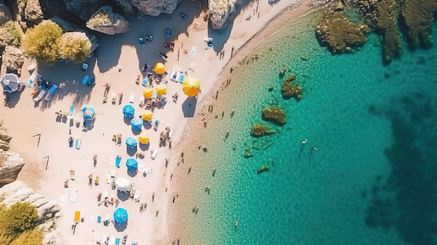 Una playa con sombrillas y gente en ella Arte generativo con IA