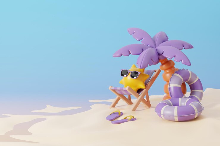Playa tópica de verano en un día soleado de vacaciones con la silla para sentarse al sol y elementos de verano 3D
