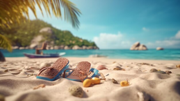 Playa tropical con accesorios para tomar el sol fondo de vacaciones de verano en la arena de la playa