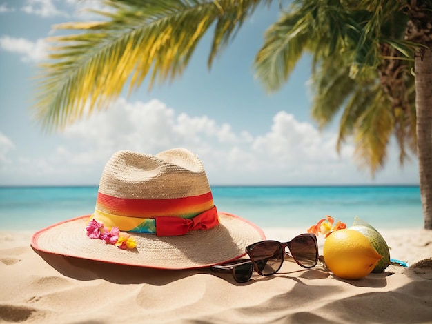 Foto playa tropical con accesorios para tomar el sol fondo de vacaciones de verano