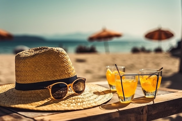 Playa tropical con accesorios para tomar el sol gafas de sol fondo de concepto de vacaciones de verano