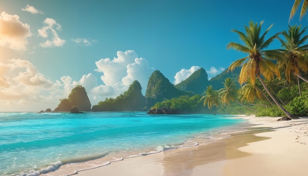 Una playa tropical con aguas azules cristalinas y arena blanca La costa está bordeada de palmeras creando una hermosa y acogedora atmósfera