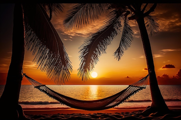 Una playa tropical al atardecer con una hamaca bajo una palmera