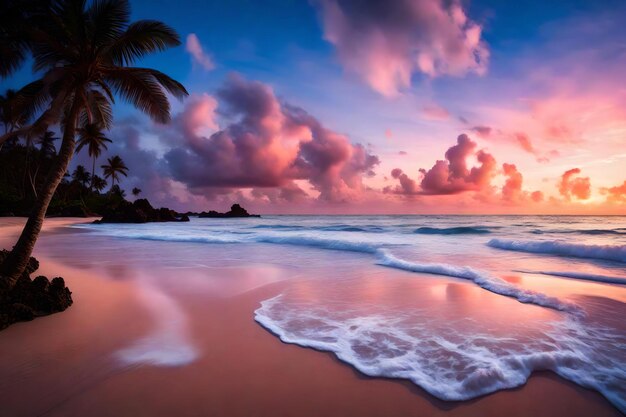 Una playa tropical al crepúsculo con un cielo inclinado