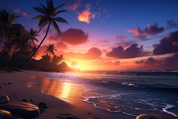 Playa tropical al hermoso atardecer con palmeras y rocas