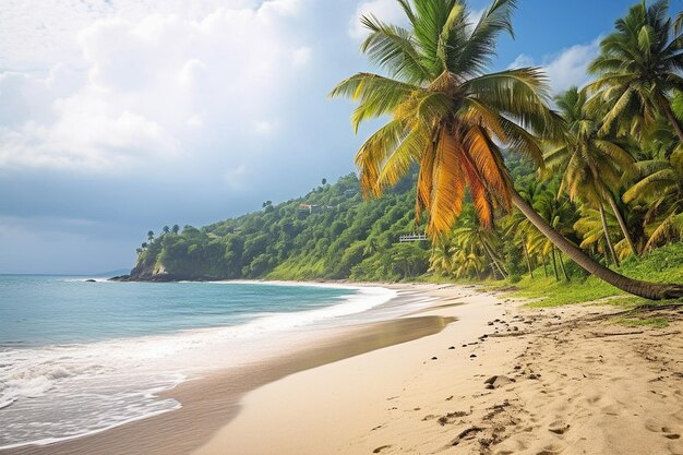 La playa tropical con el arco iris por encima