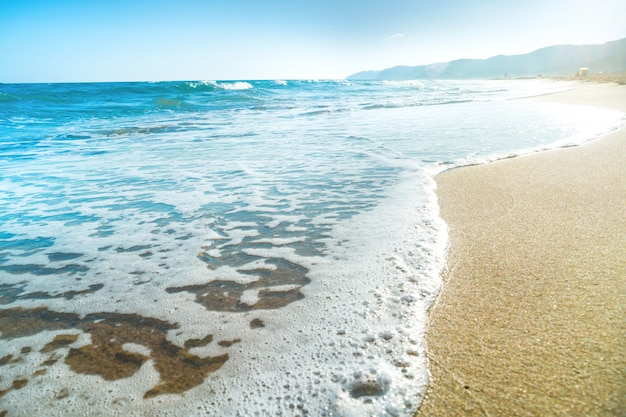 Playa tropical con arena y olas de mar al fondo