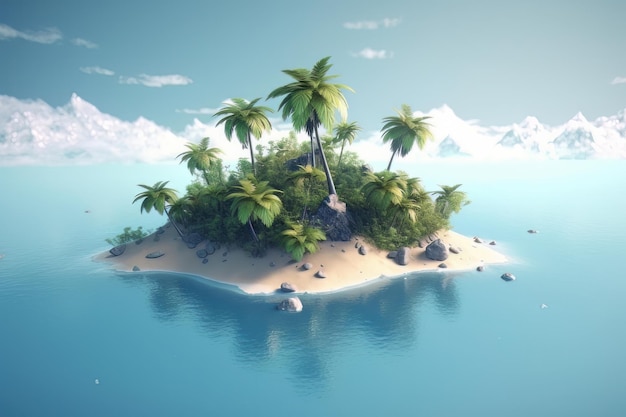 Playa tropical de arena con una pequeña isla en el fondo Ilustración generativa de IA