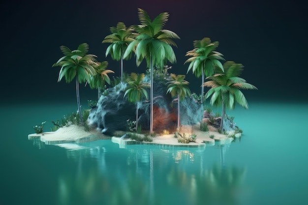 Playa tropical de arena con una pequeña isla en el fondo Ilustración generativa de IA