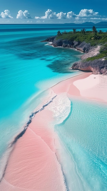Playa tropical con arena rosada y agua turquesa