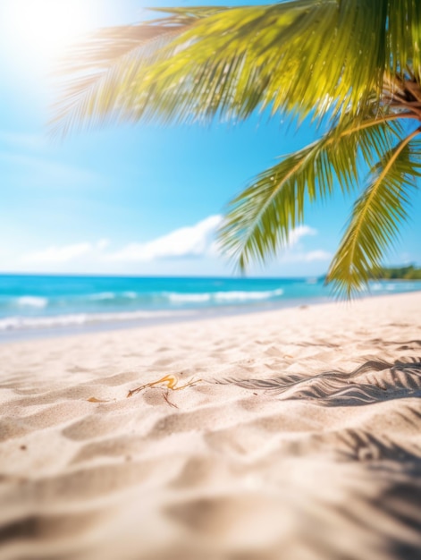 Foto playa tropical de arena de verano y luz solar bokeh en el fondo del mar ai generativa