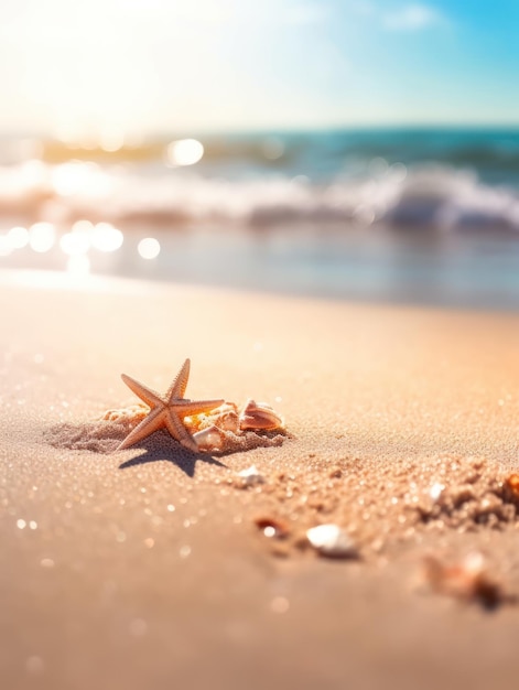 Playa tropical de arena de verano y luz solar bokeh en el fondo del mar AI generativa