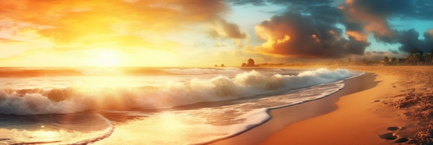 Playa tropical de arena de verano y luz solar bokeh en el fondo del mar AI generativa
