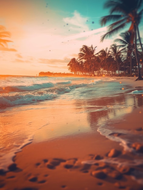 Foto playa tropical de arena de verano y luz solar bokeh en el fondo del mar