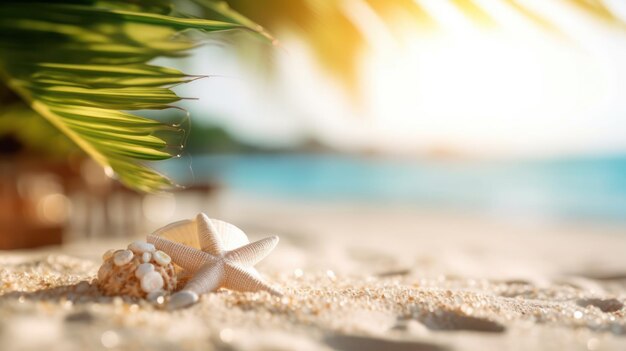 Playa tropical de arena de verano y luz solar bokeh en el fondo del mar