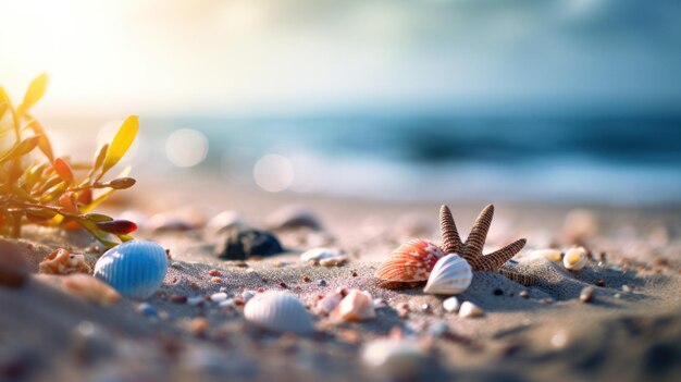 Playa tropical de arena de verano y luz solar bokeh en el fondo del mar