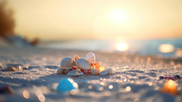 Playa tropical de arena de verano y luz solar bokeh en el fondo del mar