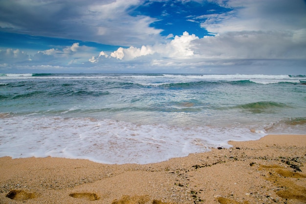 playa tropical bajo un cielo azul con nubes blancas y olas del mar