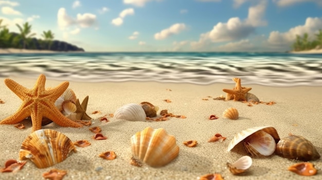 Una playa tropical con conchas y estrellas de mar sobre arena dorada para unas vacaciones de verano IA generativa