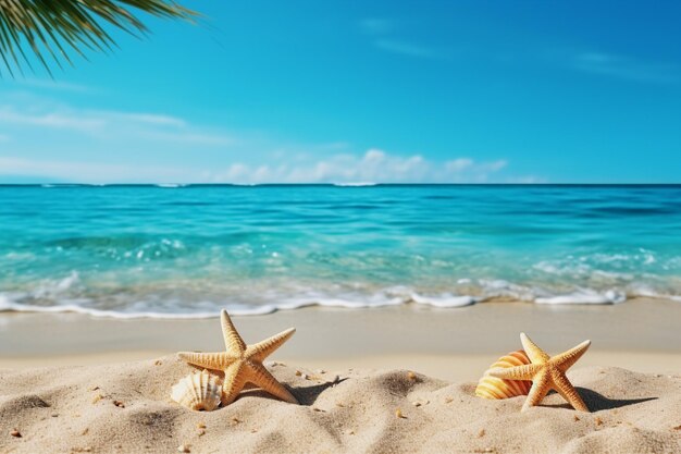 Playa tropical con estrella de mar en el fondo de la arena Vacaciones de verano Viajes y vacaciones en la playa