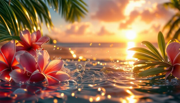 Playa tropical con flores Orilla del mar Marco floral generado por la IA