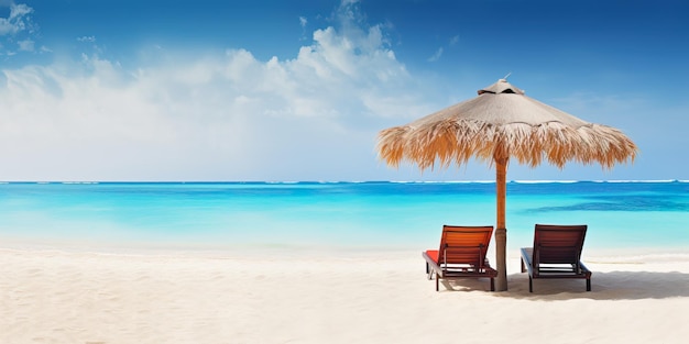 Playa tropical con hamaca y sombrilla con cielo despejado