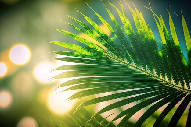 Playa tropical con hoja de palma bokeh