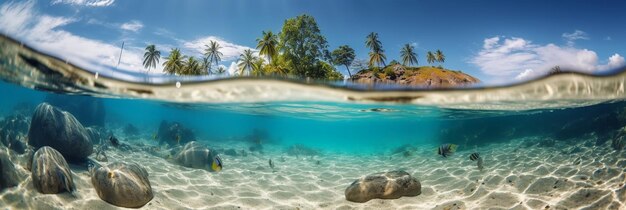 Una playa tropical con una isla tropical al fondo.
